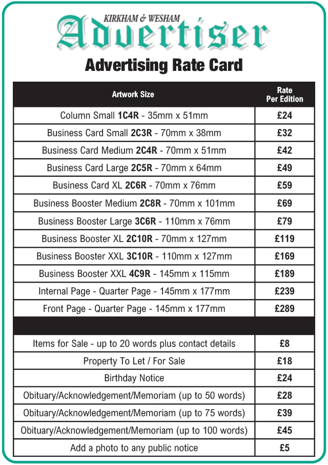 Kirkham & Wesham Advertiser distribution schedule table