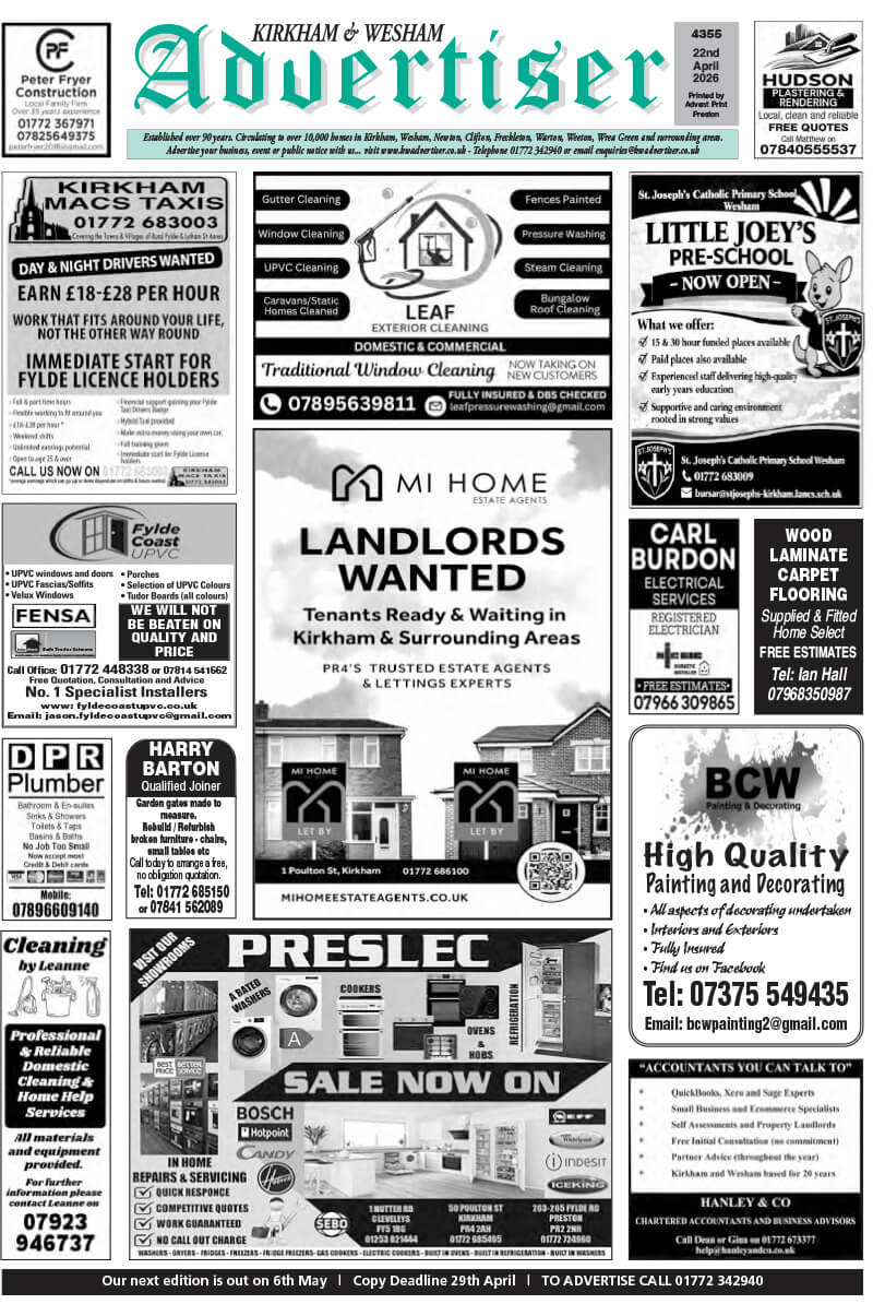 Kirkham & Wesham Advertiser – 21st April Edition Front Cover