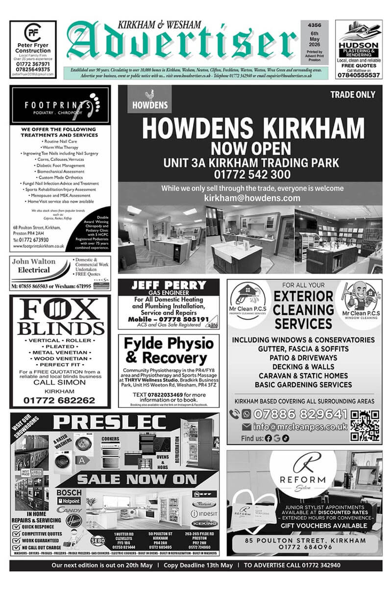 Kirkham & Wesham Advertiser – 6th May Edition Front Cover