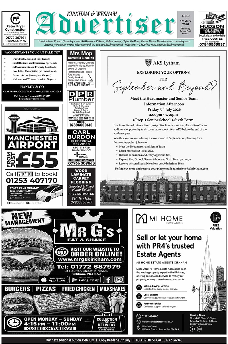 Kirkham & Wesham Advertiser - 1st July Edition Front Cover